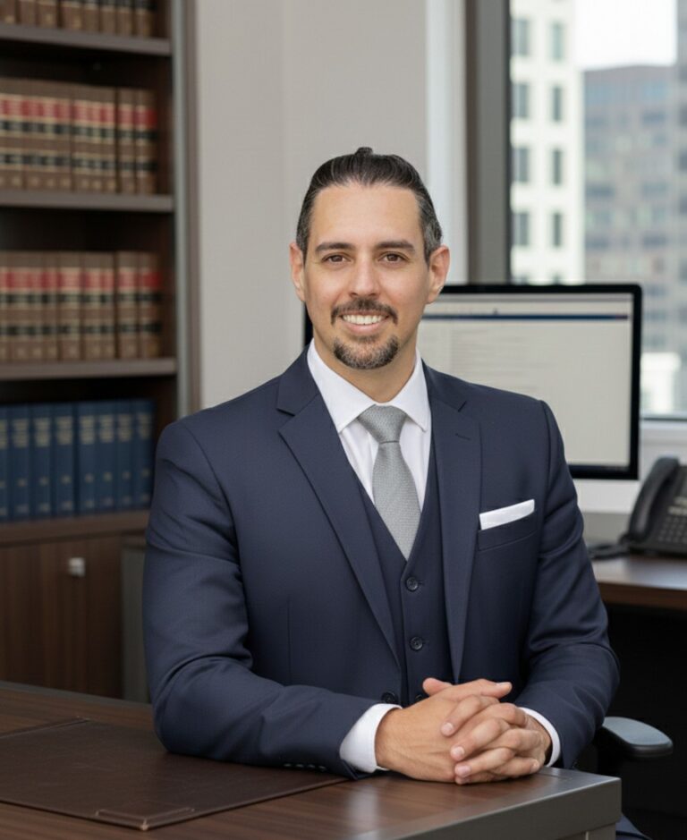 Retrato profissional do Dr. Luiz Nascimento, advogado especializado em Direito Civil e Criminal, sentado em sua mesa de trabalho no escritório em Indaiatuba.